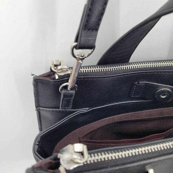 MNG Black Vegan Faux Leather Double Top Handle Crossbody Bag Removeable Strap - Picture 12 of 16